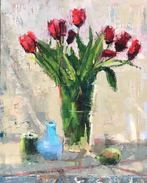 Red Tulips and Light Blue Vessel